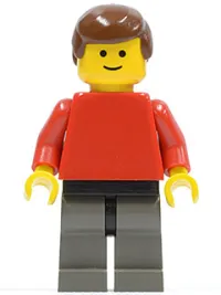 LEGO Plain Red Torso with Red Arms, Dark Gray Legs, Brown Male Hair minifigure