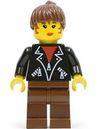 LEGO Leather Jacket with Zippers - Brown Legs, Brown Ponytail Hair minifigure