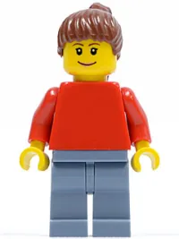LEGO Plain Red Torso with Red Arms, Sand Blue Legs, Reddish Brown Ponytail Hair (Soccer Fan) minifigure