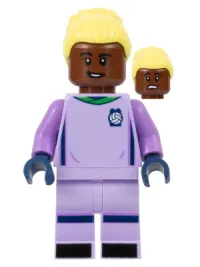 LEGO Soccer Goalie, Female, Lavender Uniform, Reddish Brown Skin, Bright Light Yellow Hair minifigure