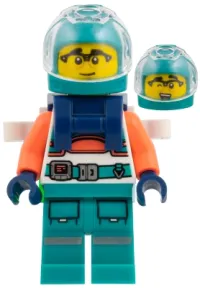 LEGO Astronaut - Dark Turquoise Helmet and Legs, Coral Arms, Dark Blue Backpack minifigure