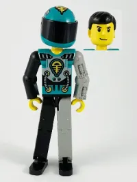 LEGO Technic Figure Black/Light Gray Legs, Dark Turquoise Torso with Yellow, Black, Silver Pattern, Light Gray Mechanical Left Arm, Printed Helmet minifigure