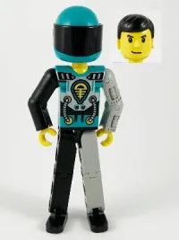LEGO Technic Figure Black/Light Gray Legs, Dark Turquoise Torso with Yellow, Black, Silver Pattern, Light Gray Mechanical Left Arm, Dark Turquoise Helmet minifigure