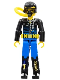 LEGO Technic Figure Blue Legs, Black Top with Zippered Wetsuit and Knife and 'DIVING' Pattern (Stickers) - Diver with Diving Tank, Hose, and Mask minifigure