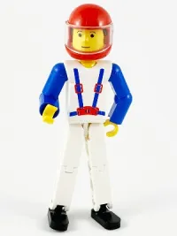 LEGO Technic Figure White Legs, White Top with Blue Suspenders Pattern, Blue Arms, Red Helmet minifigure