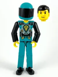 LEGO Technic Figure Dark Turquoise Legs, Dark Turquoise Torso with Yellow, Black, Silver Pattern, Black Arms, Dark Turquoise Helmet, Black Visor minifigure