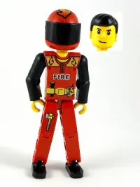 LEGO Technic Figure Red Legs, Red Top with Black 'FIRE', Black Arms (Fireman), Red Helmet with Flame, Black Visor - With Sticker set