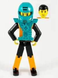 LEGO Technic Figure Orange/Black Legs, Orange Torso with Silver Pattern, Black Arms, Black Hair, Dark Turquoise Helmet and Armor minifigure