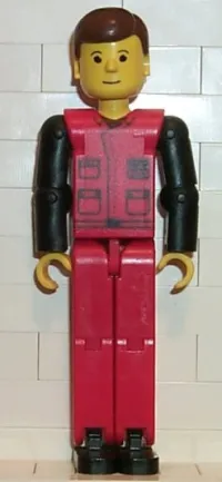 LEGO Technic Figure Red Legs, Red Top with Black Pattern, Black Arms, Brown Hair minifigure