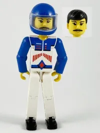 LEGO Technic Figure White Legs, White Top with Red Arrow-Type Stripes Pattern, Blue Arms, Blue Helmet minifigure