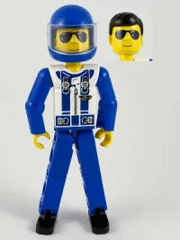 LEGO Technic Figure Blue Legs, White Top with Zipper & Shoulder Harness Pattern, Blue Arms, Blue Helmet minifigure