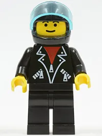 LEGO Leather Jacket with Zippers - Black Legs, Black Helmet, Trans-Light Blue Visor, Male minifigure