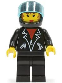 LEGO Leather Jacket with Zippers - Black Legs, Black Helmet, Trans-Light Blue Visor, Female minifigure