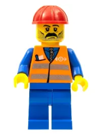 LEGO Orange Vest with Safety Stripes - Blue Legs, Moustache, Red Construction Helmet minifigure