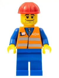 LEGO Orange Vest with Safety Stripes - Blue Legs, Beard Stubble, Red Construction Helmet minifigure
