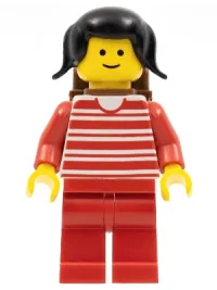LEGO Horizontal Lines Red - Red Arms - Red Legs, Black Pigtails Hair, Brown Backpack minifigure