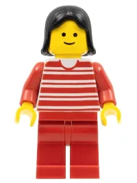 LEGO Horizontal Lines Red - Red Arms - Red Legs, Black Female Hair minifigure