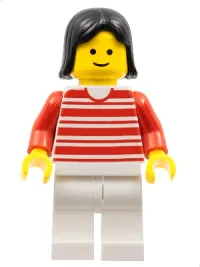 LEGO Horizontal Lines Red - Red Arms - White Legs, Black Female Hair minifigure