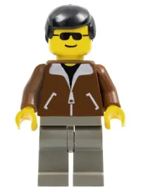 LEGO Jacket Brown - Dark Gray Legs, Black Male Hair minifigure