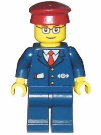 LEGO Dark Blue Suit with Train Logo, Dark Blue Legs, Dark Red Hat, Rectangular Glasses - Passenger Train Engineer minifigure