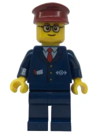 LEGO Dark Blue Suit with Train Logo, Dark Blue Legs, Dark Red Hat, Rounded Glasses - Tram Driver minifigure