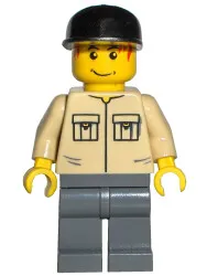 LEGO Shirt with 2 Pockets No Collar, Dark Bluish Gray Legs, Black Cap minifigure