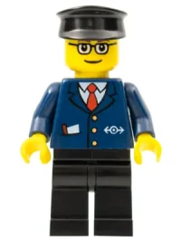 LEGO Dark Blue Suit with Train Logo, Black Legs, Brown Eyebrows, Black Hat minifigure
