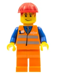 LEGO Orange Vest with Safety Stripes - Orange Legs, Red Construction Helmet, Red Bangs minifigure