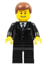 LEGO Suit Black, Reddish Brown Male Hair, Thin Grin with Teeth minifigure