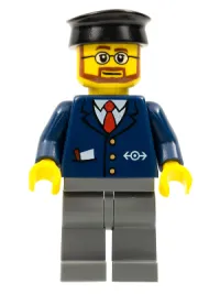 LEGO Dark Blue Suit with Train Logo, Dark Bluish Gray Legs, Black Hat, Beard and Glasses minifigure