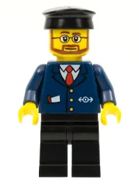 LEGO Dark Blue Suit with Train Logo, Black Legs, Black Hat, Beard and Glasses minifigure