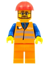 LEGO Orange Vest with Safety Stripes - Orange Legs, Red Construction Helmet, Beard and Glasses minifigure