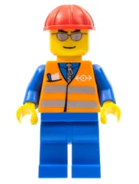 LEGO Orange Vest with Safety Stripes - Blue Legs, Silver Glasses, Red Construction Helmet minifigure