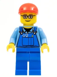 LEGO Overalls with Tools in Pocket, Blue Legs, Red Short Bill Cap, Glasses with Brown Thin Eyebrows minifigure