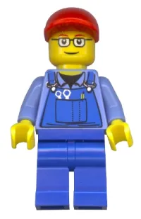 LEGO Overalls with Tools in Pocket, Blue Legs, Red Short Bill Cap, Glasses with Red Thin Eyebrows minifigure