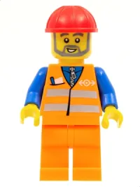LEGO Orange Vest with Safety Stripes - Orange Legs, Red Construction Helmet, Gray Beard minifigure