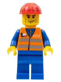 LEGO Orange Vest with Safety Stripes - Blue Legs, Brown Eyebrows and Cheek Lines, Red Construction Helmet minifigure