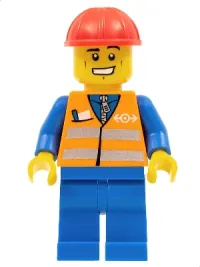 LEGO Orange Vest with Safety Stripes - Blue Legs, Cheek Lines and Wide Grin, Red Construction Helmet minifigure