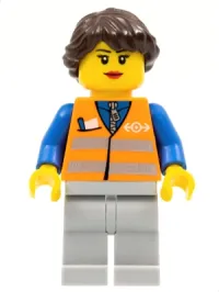 LEGO Orange Vest with Safety Stripes - Light Bluish Gray Legs, Dark Brown Hair Ponytail Long French Braided minifigure