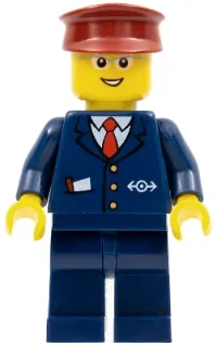 LEGO Steward - Dark Blue Suit with Train Logo, Dark Blue Legs, Dark Red Hat, Glasses minifigure