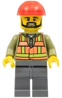 LEGO Light Orange Safety Vest, Dark Bluish Gray Legs, Red Construction Helmet, Black Beard minifigure
