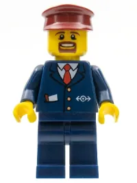 LEGO Dark Blue Suit with Train Logo, Dark Blue Legs, Dark Red Hat, Brown Moustache and Goatee minifigure