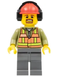 LEGO Light Orange Safety Vest, Dark Bluish Gray Legs, Red Construction Helmet with Headset, Brown Moustache and Goatee minifigure