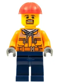 LEGO Forklift Driver - Male, Orange Safety Jacket, Reflective Stripe, Sand Blue Hoodie, Dark Blue Legs, Red Construction Helmet, Goatee minifigure