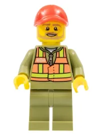 LEGO Train Driver - Orange Safety Vest with Lime Straps, Olive Green Legs, Red Cap with Hole, Beard Dark Tan Angular minifigure