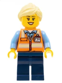 LEGO Train Worker - Female, Orange Safety Vest with Badge, Dark Blue Legs, Bright Light Yellow Ponytail and Swept Sideways Fringe minifigure