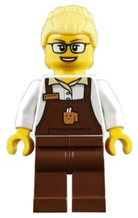 LEGO Female with Reddish Brown Apron with Cup and Name Tag Pattern, Bright Light Yellow Hair Female Large High Bun, Glasses minifigure