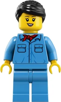 LEGO Train Worker - Female, Black Hair, Medium Blue Shirt with Red Bandana, Medium Blue Legs minifigure