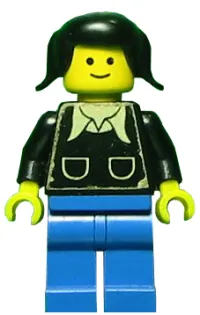 LEGO Patron - Black Torso with Pockets and Collar (Torso Sticker), Blue Legs, Black Pigtails Hair minifigure