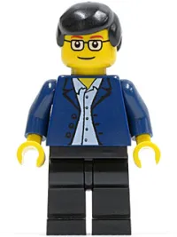 LEGO Dark Blue Jacket, Light Blue Shirt, Black Legs, Square Glasses, Black Male Hair minifigure